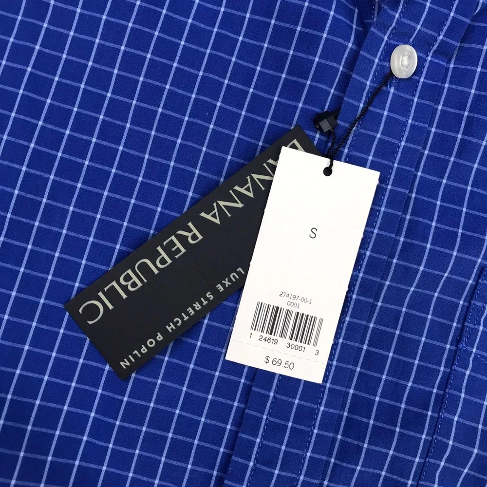 Banana Republic Luxe Stretch Poplin Shirt Mens S Blue Check‎ Button Down NEW NWT
